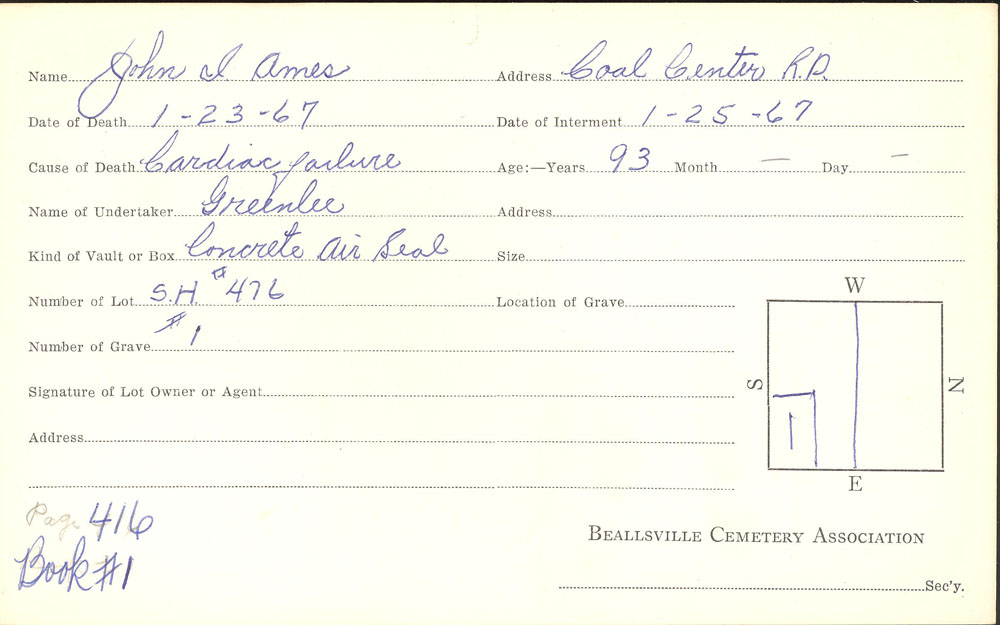 John I. Ames burial card